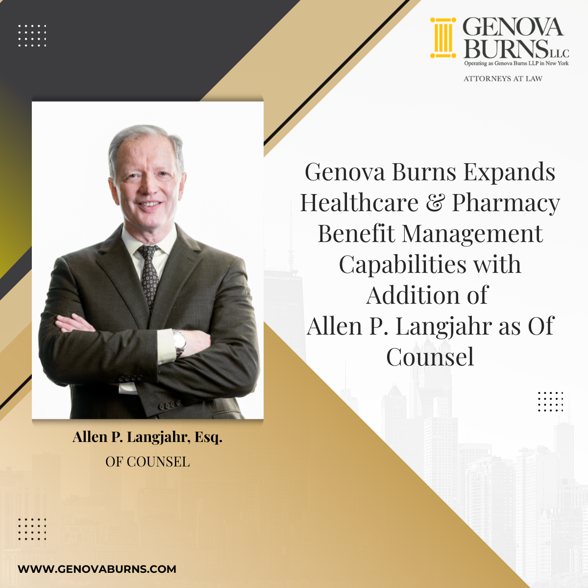 Genova Burns announcement featuring Allen P. Langjahr headshot